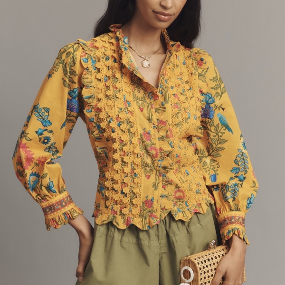 FARM Rio Yellow Puff Sleeve Blouse with Ruffled Mandarin Collar